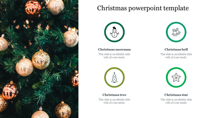 Christmas tree photo on left, four icon placeholders text areas snowman, bell, tree, star on right for template.