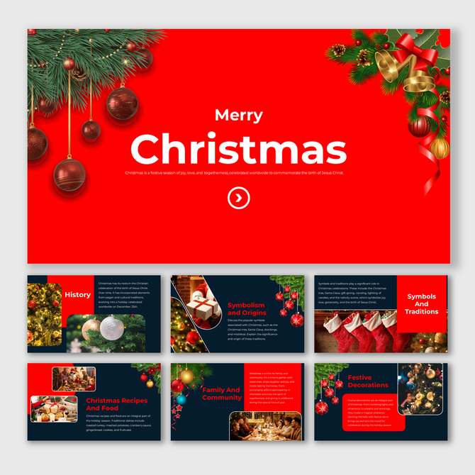 Christmas PowerPoint template with festive decorations, red background, and holiday themed slides.