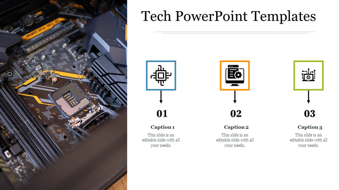 Split tech layout featuring a motherboard photo and three labeled icons with captions and numbers aligned horizontally.