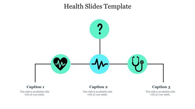 Health slide featuring three green shaded circles with medical icons, connected by lines and labeled with captions.