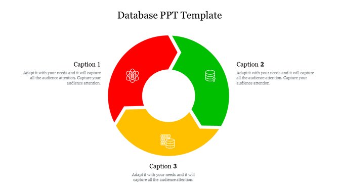 Data base slide with three segment circular diagram with red, green, yellow sections, each displaying an icon.