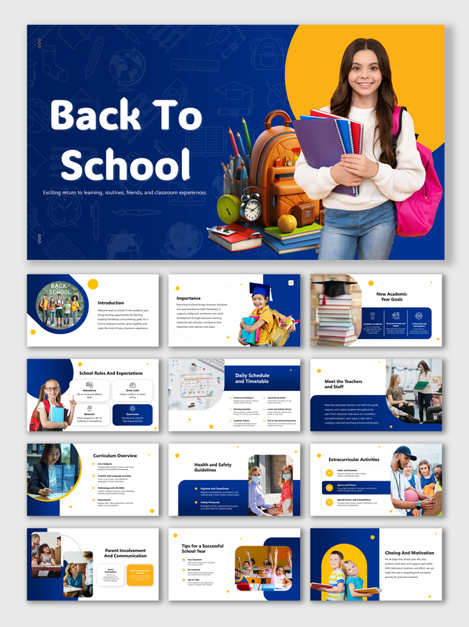 Back to School slide deck with student images, academic icons, colorful layout, goals, rules, and activity sections.