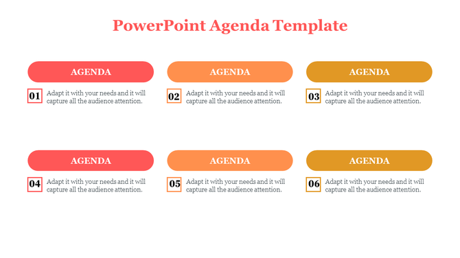 Agenda slide with six numbered sections, each in varying shades of red, orange, and yellow with text.