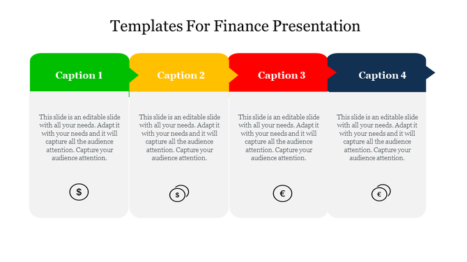 Financial template with four colored label blocks, descriptive text, and symbols for dollar and euro beneath each caption.