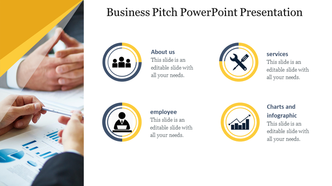 Business pitch PowerPoint slide with icons for About Us, Services, Employee, and Charts and Infographics.