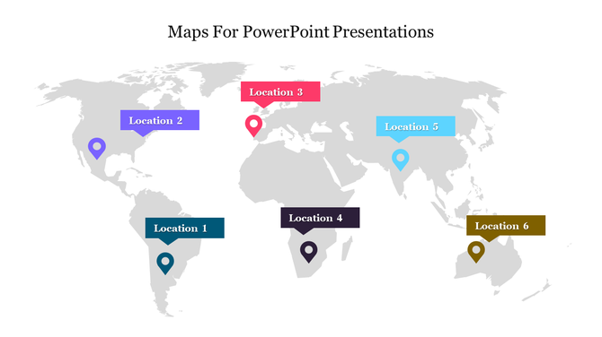 World map with six colored location markers in teal, purple, pink, black, blue, and gold representing different regions.