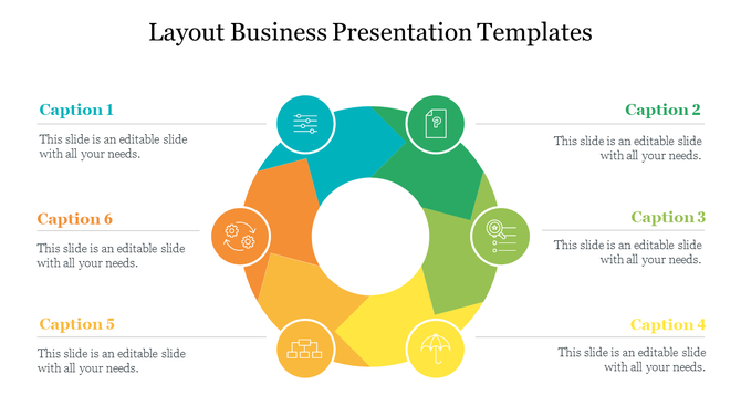 Business layout featuring a central ring with six segments in teal, green, yellow, and orange, connected to caption text.