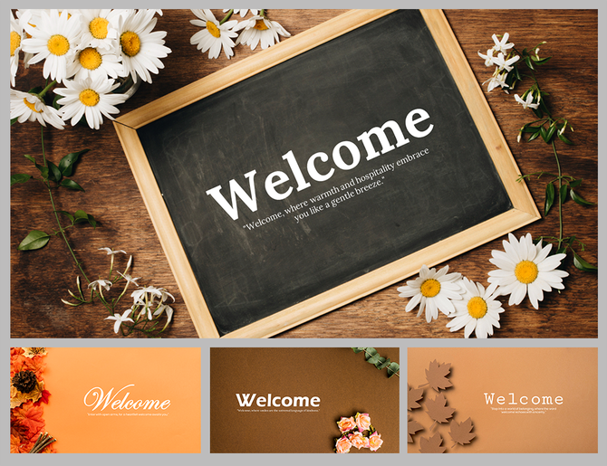 Welcome slides featuring different nature-themed backgrounds, with flowers, leaves, and earthy tones for a warm greeting.