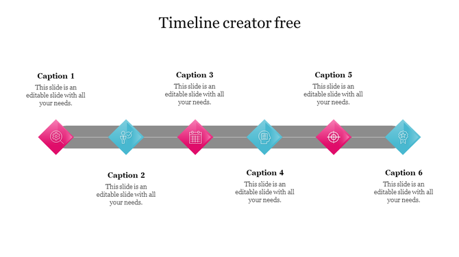 Modern horizontal timeline PPT template with six captions and color coded icons on a white backdrop.