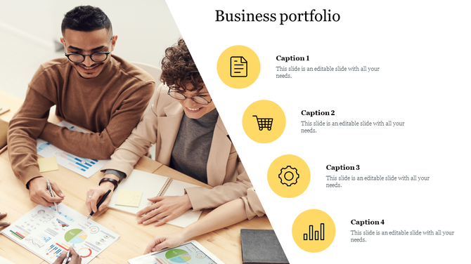 Collaborative team meeting with data analysis, featuring a modern business portfolio slide layout with icons and captions.