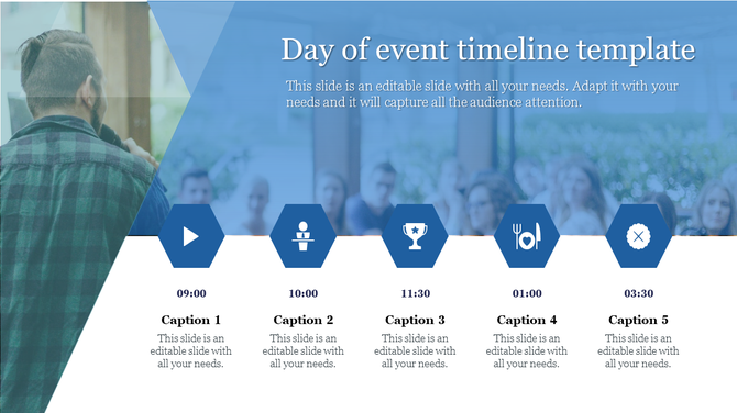 Event timeline slide with five blue hexagon showing icons for start, speaker, award, meal, and end times from 09:00 to 03:30.