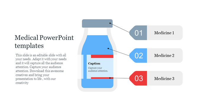 Medical bottle illustration with pointer lines connecting to three colored tags labeled Medicine 1 to 3 on the right side.