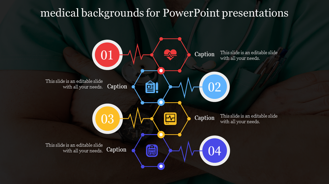 Four medical themed PowerPoint background slide with heartbeat icons and medical related symbols with captions.