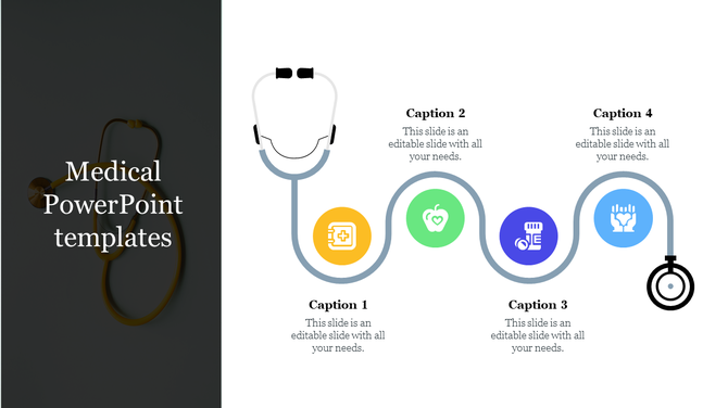 Medical-themed slide with a stethoscope graphic connecting four circular icons representing medical services.