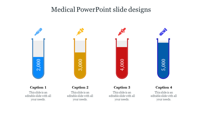 Medical infographic with four vertical test tube in blue, yellow, red, and dark blue, labeled with numbers and dropper icons.