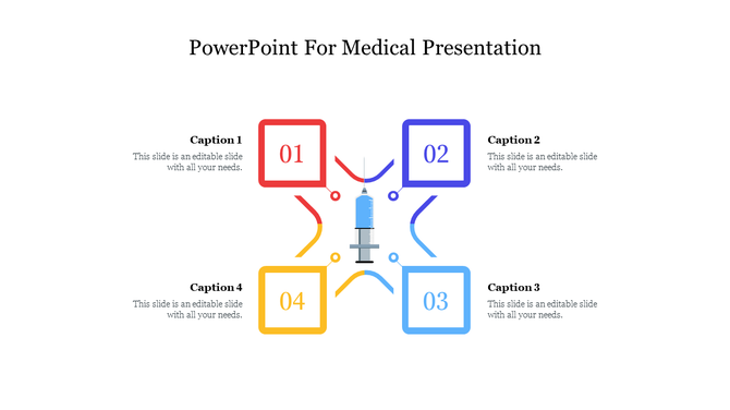 Medical PowerPoint template featuring a syringe infographic with four colored numbered sections with captions.