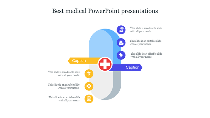 A medical themed PowerPoint slide with icons representing healthcare and a central medical cross, with caption areas.