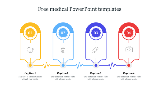 Medical slide with four numbered sections in yellow, blue, purple, and red, each with an icon, connected by a heartbeat line.
