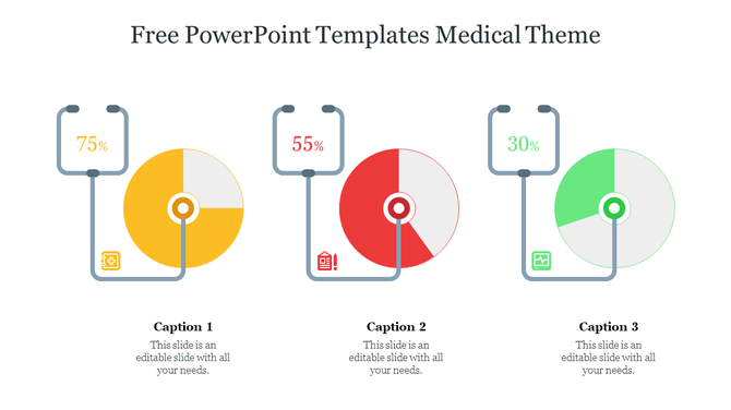 A medical themed PowerPoint slide with three colorful circular progress bars showing percentages, each with related icons.