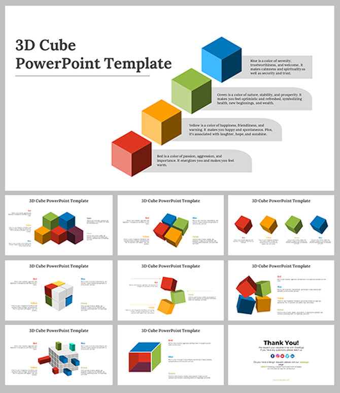 Slide deck showcasing 3D cubes in sequential arrangements, featuring red, yellow, green, and blue hues with text details.
