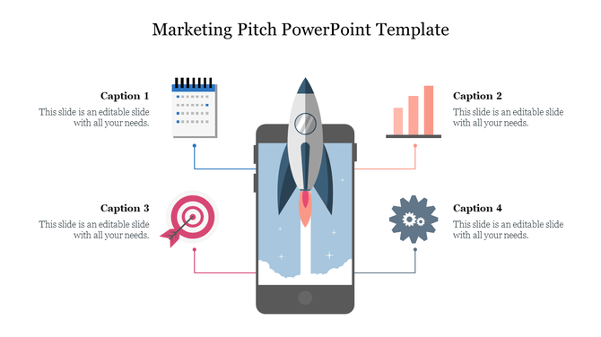 Marketing themed slide with rocket on phone and caption icons for planning, analytics, target, and settings. 