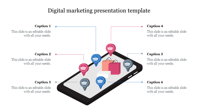 Illustration of a smartphone with colorful shopping icons and bags, paired with six numbered captions.