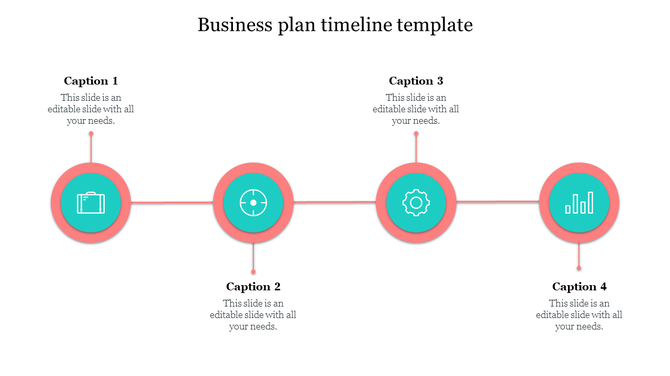 Four step business plan timeline featuring icons for briefcase, target, gear, and chart with text boxes above and below.