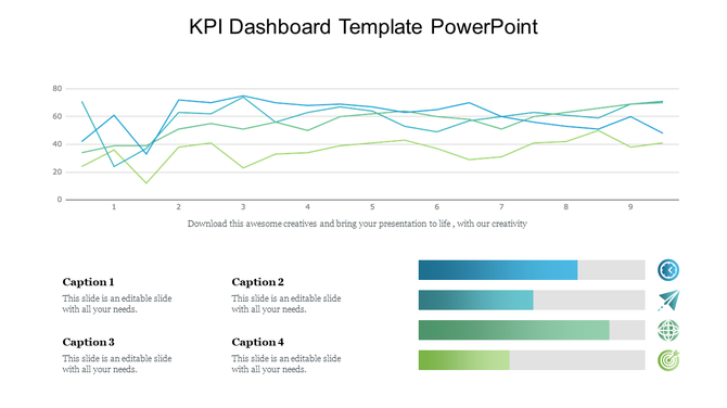 KPI dashboard layout with blue and green line graphs at the top and shaded bar charts at the bottom in gradient colors.