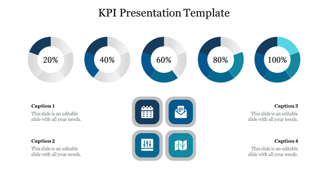 KPI slide showing five dark-to-light gradient donut charts and four grid-aligned icons with text boxes for captions.