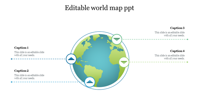 Circular world map with blue and green pointer icons connected to editable captions arranged in a balanced layout.