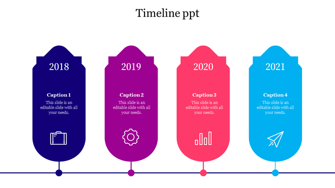 Timeline PowerPoint template showing colorful key events from 2018 to 2021 with icons for each year on a white backdrop.