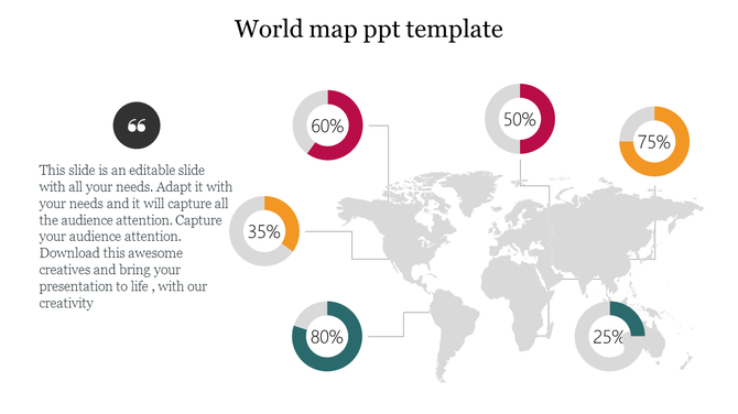  World map with linked circular charts showing varying percentage figures, placed around different regions.