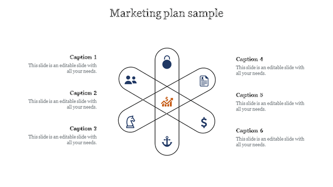 Marketing plan layout with a six section petal design, each featuring a dark blue icon and caption text on the sides.
