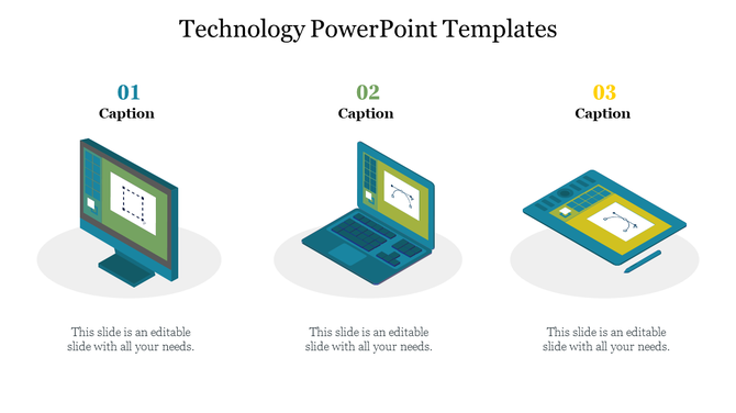 Technology slide with three isometric digital devices in blue and green shades, with numbered captions.