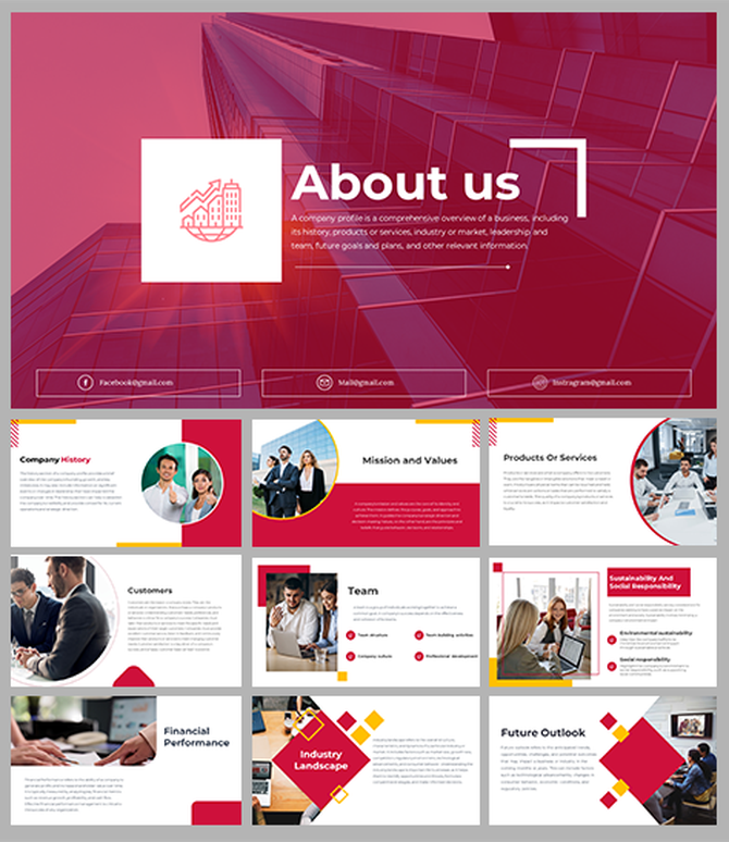 About Us PPT slides featuring a modern layout with sections for company history, mission, products, and team.