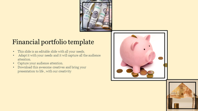 Financial slide featuring a money bag icon inside a grey circle and five related icons with caption areas.