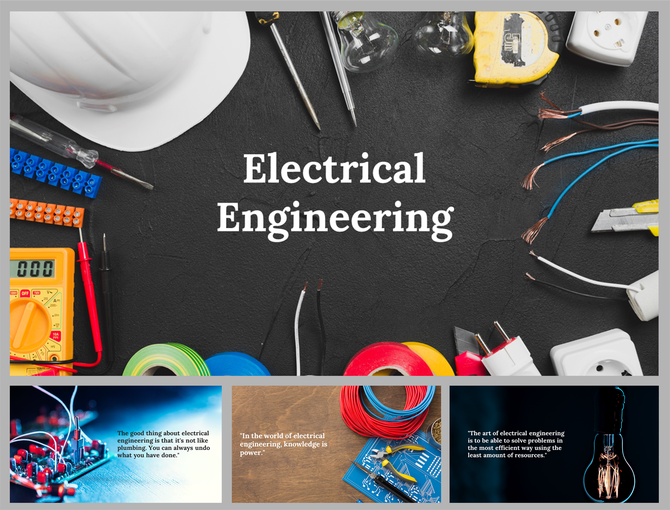 Electrical engineering background slides with various tools arranged on a dark surface with text descriptions.