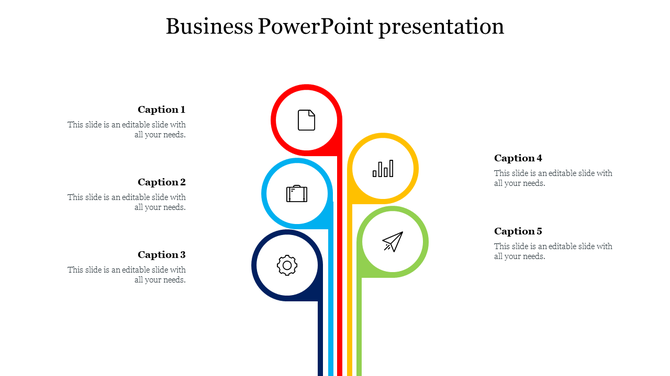 Business slide with five vertical circular icons in red, blue, yellow, dark, and green, connected to captions on both sides.