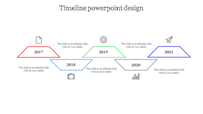 Timeline PPT slide design featuring labeled years from 2017 to 2021 with icons representing different themes for each year.