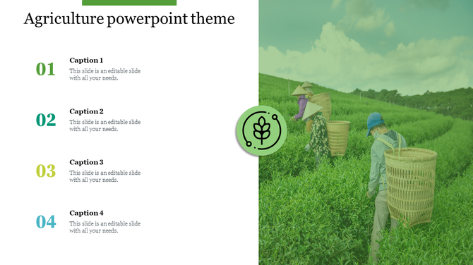 Agriculture themed slide with numbered captions on left and a photo of farmers in green fields with baskets on the right.
