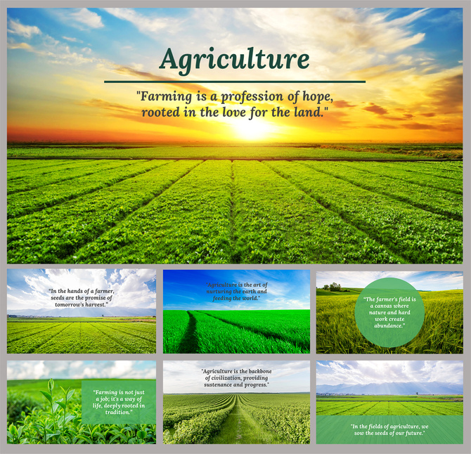 A collection of agriculture-themed background slides featuring vibrant green fields under a bright sky with inspirational quotes.