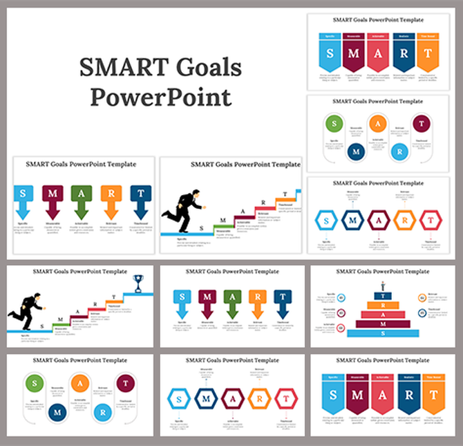 SMART Goals slide deck featuring various slides with colorful icons, flowcharts, and goal setting steps.
