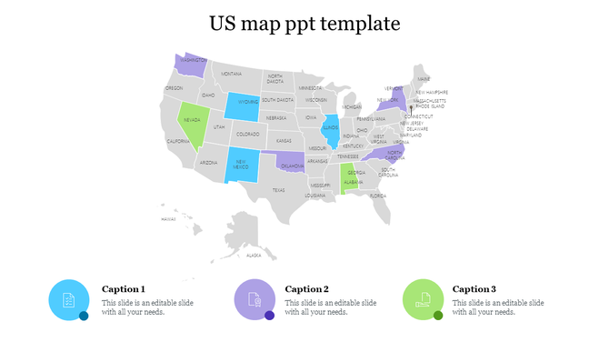 US map template with selected states highlighted in blue, green, and purple, paired with matching captions below.