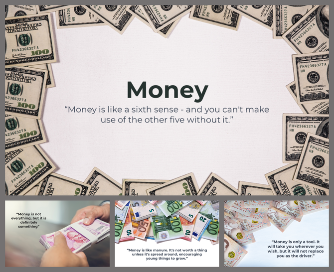 PowerPoint slides with a money themed background featuring scattered dollar bills and financial quotes for presentations.