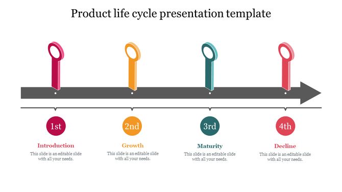 A dark gray arrow with four colorful pins in red, yellow, green, and orange, connected to circular labels below.
