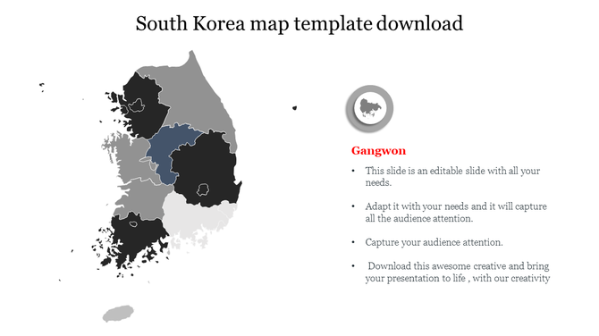 Map of South Korea showing Gangwon region in focus, with descriptive text on the right side.