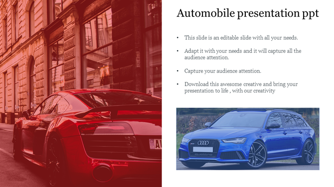 Automobile slide layout highlighting a red sports car alongside a text section and a high-contrast blue luxury car image.