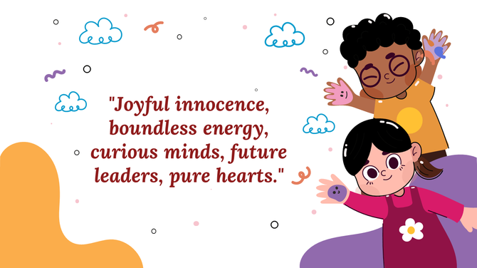 PowerPoint template for kids with an inspirational quote and playful illustrations of children and clouds.