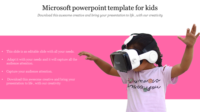 Child in a virtual reality headset reaching out, set against a pink background with text sections on the left.