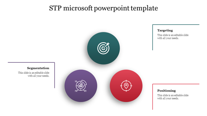 STP slide with circular icons in purple, green, and red, each linked to text boxes with simple black labels.